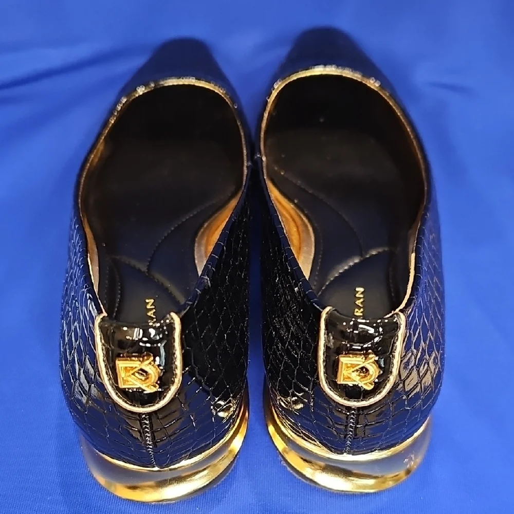 Donna Kara Savita Snip Toe Croc Embossed Flat Black Gold Size 7 - Picture 7 of 12